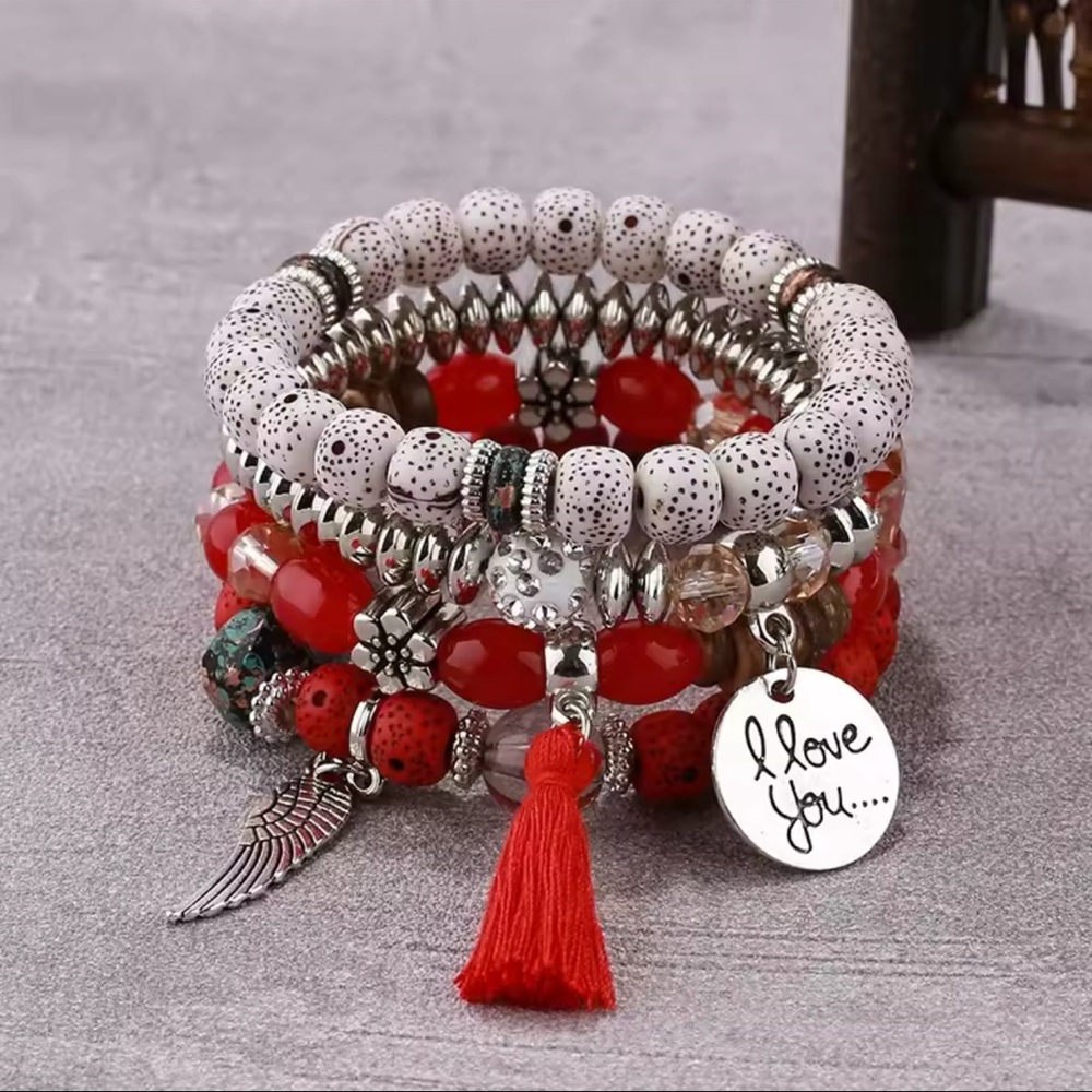 Fiery Red 4pcs Boho Disc Tassel Wing Pendant Beaded Bracelet Set